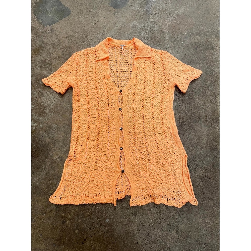 Free People Cardigan Sweater Womens Small Orange Soda Pop Crochet Side Slit